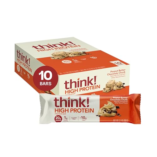 think! Protein Bars, High Protein Snacks, Gluten Free, High Fiber, Peanut Butter Chocolate Chunk, 10 Count