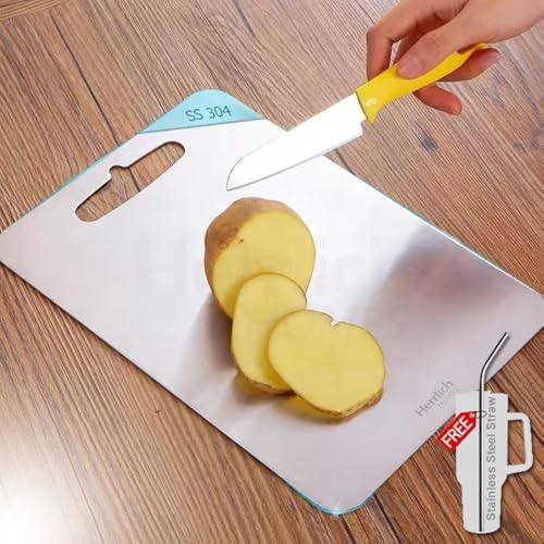 Herrlich Homes Rectangle Stainless Steel Chopping Board | with Steel Straw & Anti-Skid Silicon Pad | for Cutting Vegetables, Meat, Fish, Fruits | Chop