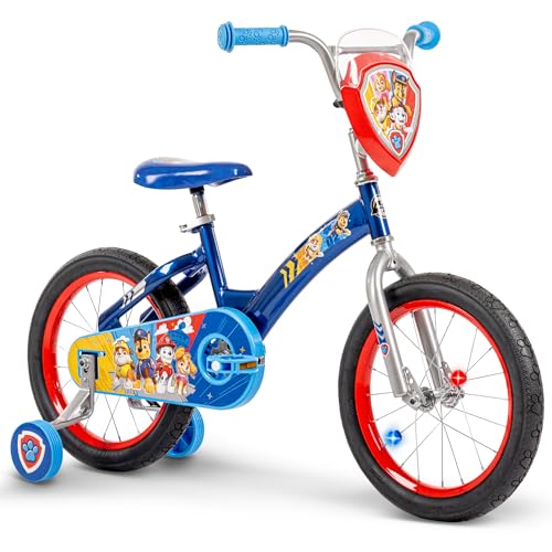 Huffy Paw Patrol 16 Inch Kids Bike with Training Wheels, LED Spoke Lights, Bicycle for Kids Age 4-6, Max Weight 60lbs, Blue Steel Frame, Custom Paw Patrol Features