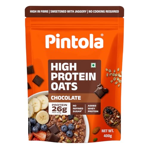 PINTOLA 26g High Protein Oats 400g, Dark Chocolate, No Refined Sugar, with Almonds, Raisins, Pumpkin & Chia Seeds, 9.6g Fibre, Rolled Oats for Weight 