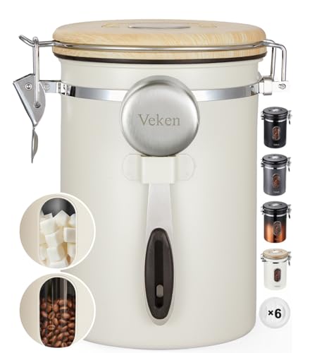 Veken Coffee Sugar Canister with Window, Coffee Lover Gift Set,Airtight Stainless Steel Kitchen Food Storage Container Gifts, Date Tracker & Scoop for Grounds Coffee,Beans,Tea,Flour,Cereal,22OZ,Cream