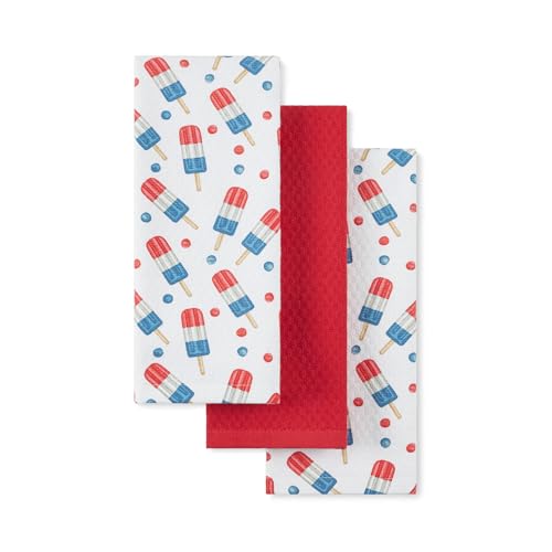 Martha Stewart Americana Stripesicle Ice Pop Holiday Kitchen Towels 3-Pack Set, 100% Cotton, Absorbent, Patriotic USA Am