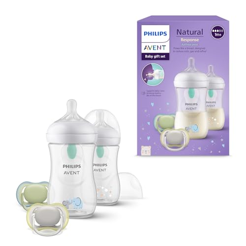🔥 STARKER PREIS (-33%) AVENT Natural Response Geschenkset für Babys: 2x Natural Response Flaschen mit AirFree Ventil 260 ml (ab 1 Monat), 2x ultra air Schnuller (0-6M) (Modell SCD657/12)