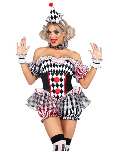 Leg Avenue Womens Darling Harlequin Sexy Clown Costume With Clown Hat Headband, LARGE, Multicolor