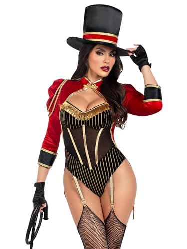 Leg Avenue Womens 2 PC Ravishing Ringmaster, includes gold trimmed garter teddy with snap crotch and attached velvet tail coat, and top hat, MEDIUM, Multicolor