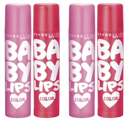 Maybelline New York लिप बाम, SPF के साथ, मॉइस्चराइज और सूर्य से बचाता है, पिंक लोलिता और बेबी लिप्स चेरी किस, बेबी लिप्स, पिंक, लाल, (4 का पैक), 8g