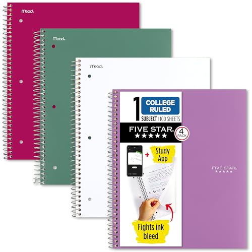 Five Star Spiral Notebook + Study App, 4 Pack, 1 Subject, College Ruled Paper, 8-1/2" x 11", 100 Sheets, Fights Ink Bleed, Water Resistant Cover, Amethyst Purple, Raspberry Pink, White and Seaglass Green (820337-ECM)