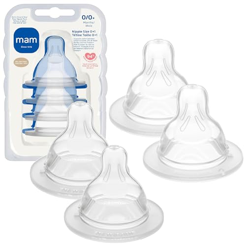 MAM Bottle Nipples Mixed Flow Pack - Extra Slow Flow Nipple Level 0 and Slow Flow Nipple Level 1, for Newborns and Older, SkinSoft Silicone Nipples for Baby Bottles, Fits All MAM Bottles, 4 Pack
