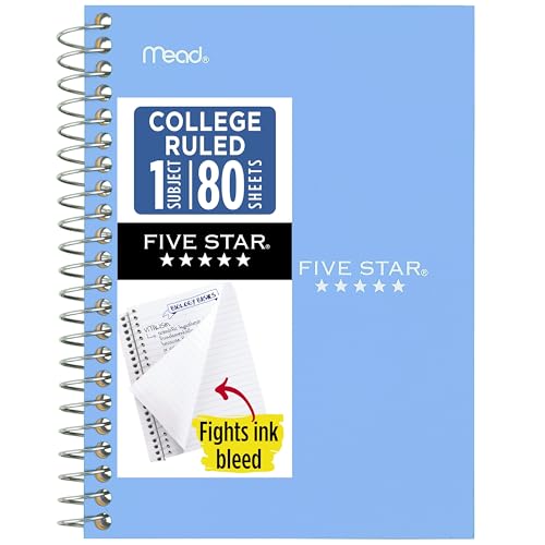 Five Star Spiral Notebook, 1 Subject, College Ruled Paper, Personal Size, 4-3/8" x 7", 80 Sheets, Fights Ink Bleed, Water Resistant Cover, Tidewater Blue (450048CG1-ECM)