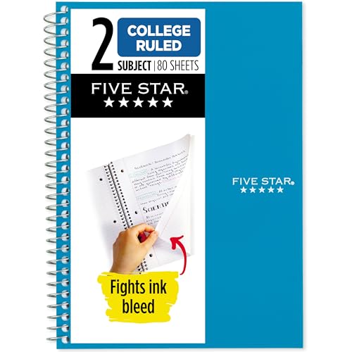 Five Star Spiral Notebook, 2 Subject, College Ruled Paper, 6 x 9-1/2, 80 Sheets, Fights Ink Bleed, Water Resistant Cover, Tidewater Blue (840029CG1-ECM)
