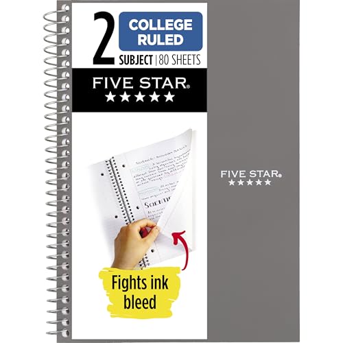 Five Star Spiral Notebook, 2 Subject, College Ruled Paper, 6" x 9-1/2", 80 Sheets, Fights Ink Bleed, Water Resistant Cover, Gray (840029AA3-ECM)
