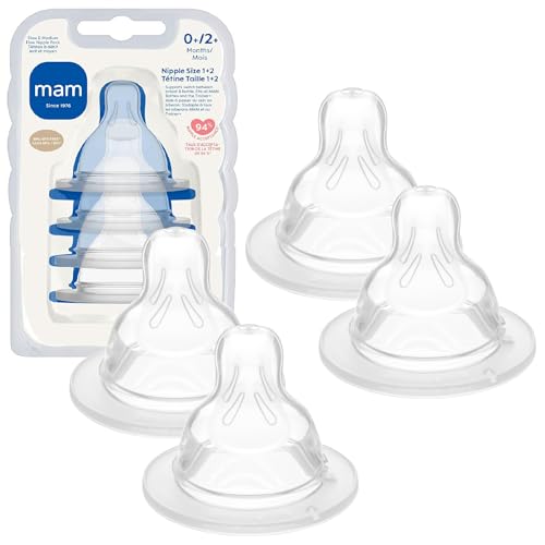 MAM Bottle Nipples Mixed Flow Pack - Slow Flow Nipple Level 1 and Medium Flow Nipple Level 2, for Newborns and Older, SkinSoft Silicone Nipples for Baby Bottles, Fits All MAM Bottles, 4 Pack