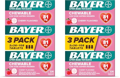 Bayer Aspirin Low Dose 81 mg Chewable Tablets, Pain Reliever, Cherry Flavored, 216 Tablets (6 Pack)