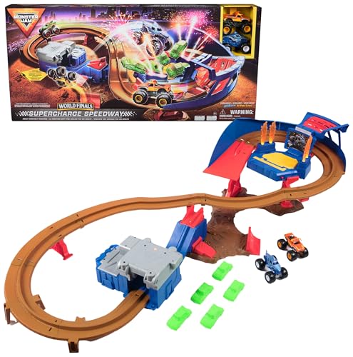 Monster Jam, Supercharge Speedway Playset, Megalodon and El Toro Loco Die-Cast Monster Trucks, Light Up World Finals Track Kids Toys for Boys Ages 3 and Up