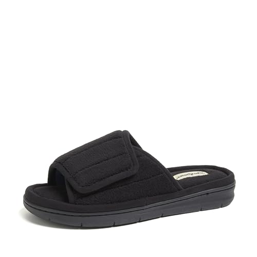 Dearfoams Women's Adjustable Indoor/Outdoor Machine Washable Memory Foam Slide Slipper, Black Terry, 7-8