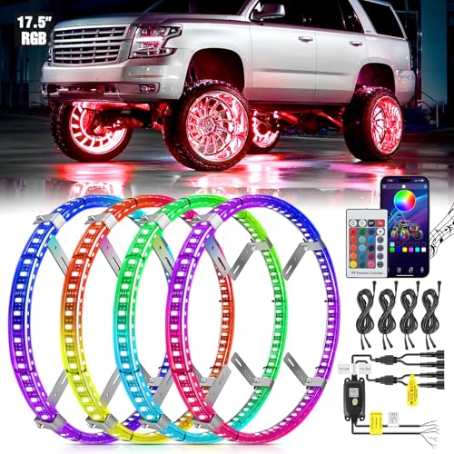 Nilight 4PCS 17.5inch Double Row LED Wheel Ring Lights RGB with APP and Remote Control Neon Light w/Turn Signal and Braking Function Dual Row for Car Van SUV Truck