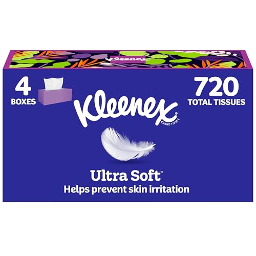 Kleenex Ultra Soft Facial Tissues, 4 Flat Boxes, 180 Tissues per Box, 3-Ply, Packaging May Vary