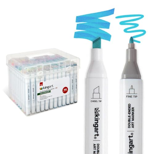 KINGART® 424-120 PRO Double-Ended Alcohol Ink Art Markers, 120 COLORS, Fine Point & Chisel Tips, Permanent with Superior Blendability, Includes Plastic Case. 120 Pc.