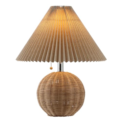 JONATHAN Y JYL1145C Aksel 17.25" Coastal Scandinavian Rattan/Iron Sphere LED Table Lamp with Pleated Shade and Pull