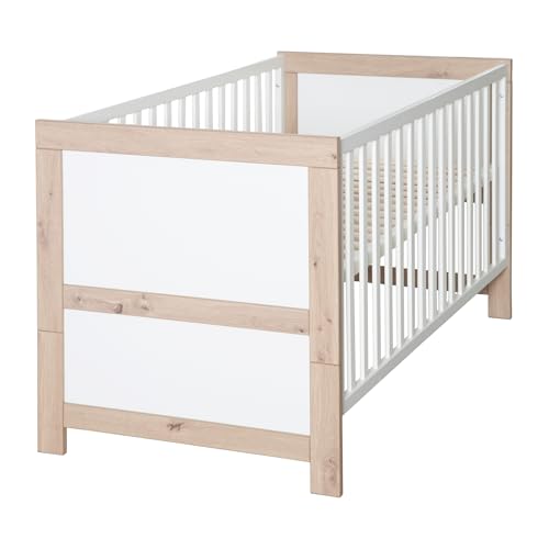 (-36%) roba Babybett Malo 70 x 140 cm - Mitwachsendes Gitterbett - Höhenverstellbar - Umbaubar zum Juniorbett - Holz weiß lackiert/Dekor Sonoma Eiche