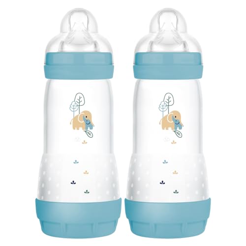 MAM Easy Start Anti-Colic Baby Bottles | 2 Pack (2 x 320ml) | Self-Sterlising | Fast Flow MAM Teats Size 3 | Baby Accessories | Powder Blue (Various Designs)
