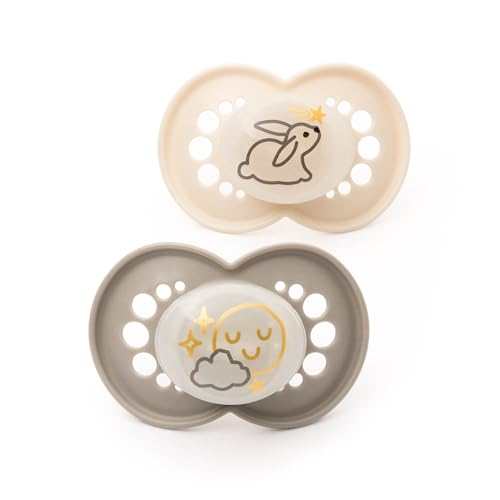 MAM Original Night Soothers | 6-18 Months | 2 Pack | Glow in the Dark Dummies | Comes in Dummy Steriliser Case | Baby Accessories | Grey/Cream (Various Designs)