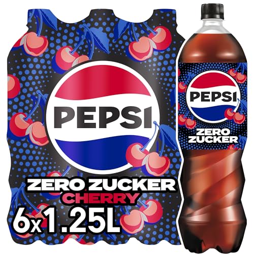 (-23%) pepsi Zero Zucker Cherry, Das zuckerfreie Erfrischungsgetränk von Pepsi ohne Kalorien, Koffeinhaltige Cola mit Kirschgeschmack in der Flasche, EINWEG (6 x 1.25 l) (Verpackungsdesign kann abweichen)