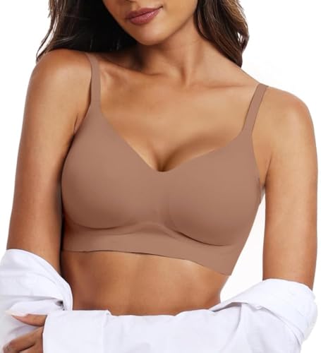 OEAK Womens Wireless Bras Comfortable Push Up Bra No Underwire Bra Full Support Lift Bralette Everyday Seamless Tshirt Bras Coffee S