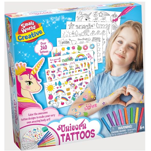 Small World Toys Creative Unicorn Tattoo Art Set, 240+ Designs, Children's Colouring Activity Kit to Personalise Body Stickers for Ages 6+
