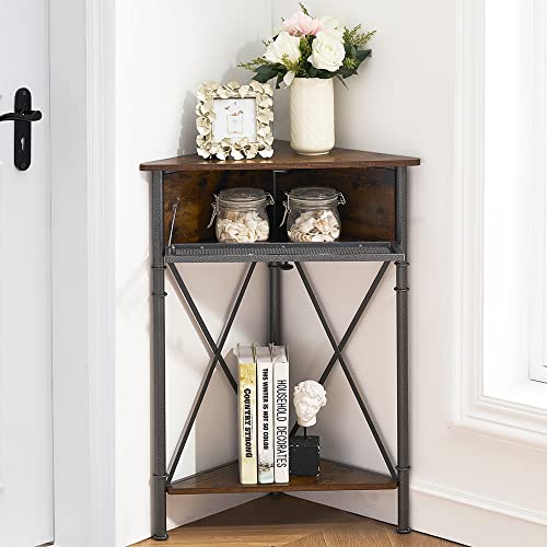 VECELO Corner Cabinet/Table, 3-Tier Display Shelves with Protection Door, Metal Frame Storage Shelf Organizer for Small Space, Living Room, Kitchen, Bathroom