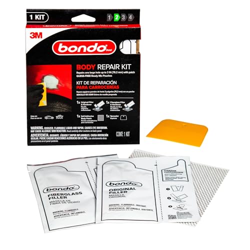 Bondo Body Repair Kit Ready Mix Pouches, Repairs One Large Hole Up to 3" with Patch, 1 Original Filler & Hardener, 1 Fiberglass Filler & Hardener, 1 Self-Adhesive Body Patch, 1 Spreader (BRKIT-2PK-ES)
