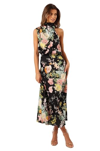 Petal & Pup Anabelle Halter Neck Midi Dress - Black Floral M