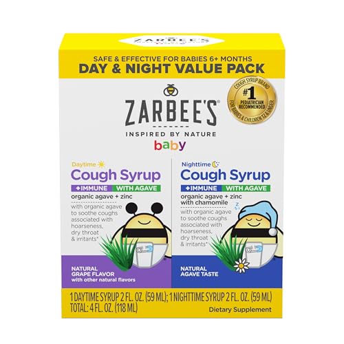 Zarbee's Baby Day & Night Cough Medicine & Syrup Value Pack with Organic Agave + Zinc for Immune Support, Natural Grape Daytime & Chamomile Nighttime, Baby Cough Medicine, 2 x 2 fl oz