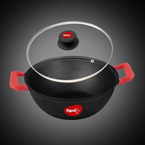 Pigeon by Stovekraft Cast Iron Kadai with Glass Lid | Small, 20 cm | Naturally Nonstick | Pre-Seasoned Kadhai with 100% Vegetable Oil | Toxin-Free | H