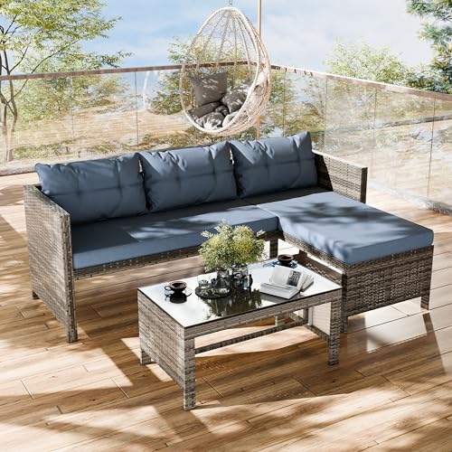 Shintenchi Outdoor Patio Furniture Sets, Wicker Patio sectional Sets 3-Piece, All Weather Wicker Rattan Patio Seating Sofas with Glass Coffee Table and Cushion (Beige)