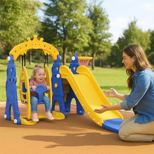 Amazon Brand - Solimo 3-in-1 Garden Castle Slide & Swing for Indoor & Outdoor Use | for Kids 2-8 Years Old | Safe & Fun | Ideal for Boys & Girls | Toy
