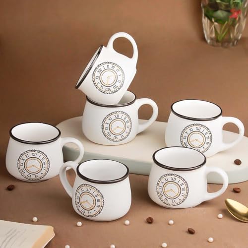 The Earth Store Cup O'clock Cup Set of 6 for Tea-200ml Each Capacity | Clock Print | Microwave and Dishwasher Safe Ceramic Tea Cup Ideal for Home, Off
