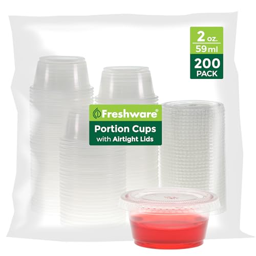 Freshware Plastic Portion Cups with Lids [2 Ounce, 200 Sets] Disposable Plastic Cups for Meal Prep, Salad Dressing, Jellos Shot Cups, Souffle Cups, Condiment and Dipping Sauce Cups