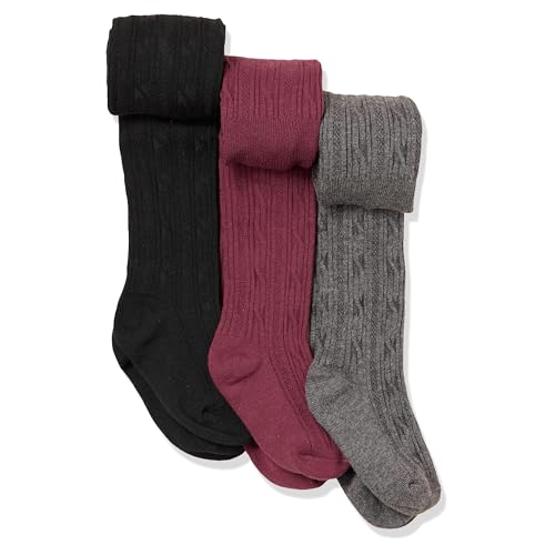 Amazon Essentials Girls' Cable Knit Tight, Pack of 3, Burgundy/Black/Charcoal Grey Heather, Large