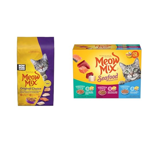 Meow Mix Bundle: Original Choice Dry Cat Food 6.3 Pound + Chunks in Gravy Seafood Favorites Wet Cat Food Variety Pack 2.75 Ounce (Pack of 12)