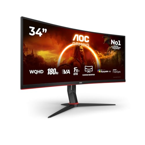 (-25%) AOC CU34G2XPD/BK 34 Zoll Curved, UW-QHD USB Hub Gaming Monitor, 180Hz, Fast VA Panel, 1ms GtG, HDR400, FreeSync Premium, Höhenverstellung,(3440x1440 HDMI 2X 2.0 DP 2X 1.4) Schwarz/Rot