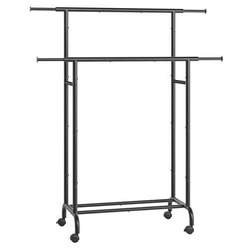 (-25%) SONGMICS Kleiderständer auf Rollen, doppelte Stangen, ausziehbare Kleiderstangen, Garderobenständer aus Stahlrohren, bis 80 kg belastbar, 83-120 cm breit, tintenschwarz HSR133B01