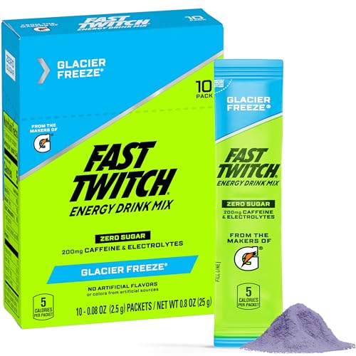 Fast Twitch Energy Drink Mix from Gatorade Powder Sticks, Glacier Freeze, 0.08oz Individual Packets,10 Pack, Zero Sugar, Caffeine, Electrolytes