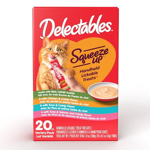 Delectables Squeeze Up Catnip Variety Pack, Creamy Squeezable Puree, Lickable Wet Cat Treats, Grain Free, No Added Fillers, No by-Products, No Added Preservatives, 0.5 Ounces Tube, 20 Tubes Total