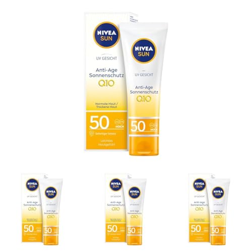 (-30%) NIVEA SUN UV Gesicht Anti-Age Sonnenschutz Q10 mit LSF 50 (50 ml), feuchtigkeitsspendende Gesichtssonnencreme, Anti-Falten Sonnencreme mit Schutz vor UVA-/ UVB-Strahlung (Packung mit 4)