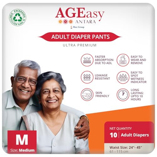 (Max Group) Unisex Adult Diaper Pants | M (Waist 24-45 inches) | 10 Units | Overnight Leak Protection | Wetness Indicator | Odour Lock | Anti-Bacteria