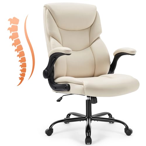 Sweetcrispy Ergonomic Office Chair Heavy Duty Task Desk Chair with Flip-up Arms, PU Leather, Adjustable Swivel Rolling Chair with Wheels, Beige