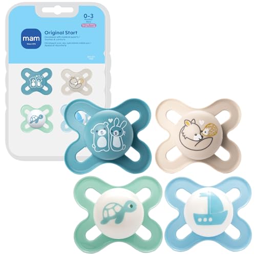 MAM Original Start Matte Baby Pacifiers, Binky for 0-3 Months, BPA-Free Silicone Nipple, Easy to Clean, Best for Newborn Babies, Developed with Medical Experts, 4 Count Binkies