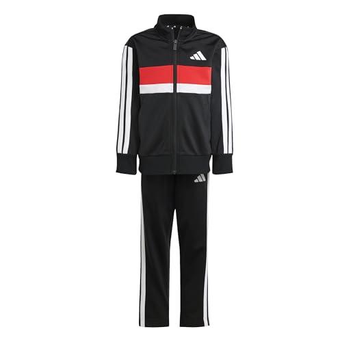 (-49%) adidas Unisex Kinder Seasonal Essentials Tiberio 3 Stripes Tricot Track Suit, black/white/pure ruby, 7-8 Years