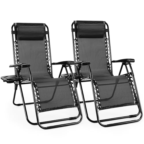 Sweetcrispy Zero Gravity Chairs, Set of 2 Portable Recliner Beach Camping Patio Outdoor Folding Lounge Chair with Cup Holder Trays and Adjustable Pillow for Poolside, Garden, Backyard, Lawn (Black)